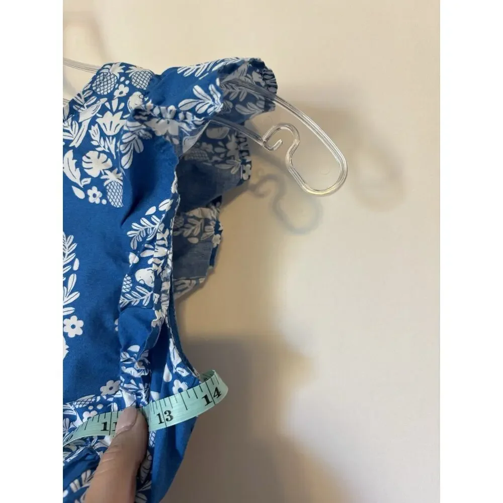 Mini Boden 9 10 Y Blue Floral Aline Cotton Sleeveless Ruffles Pockets